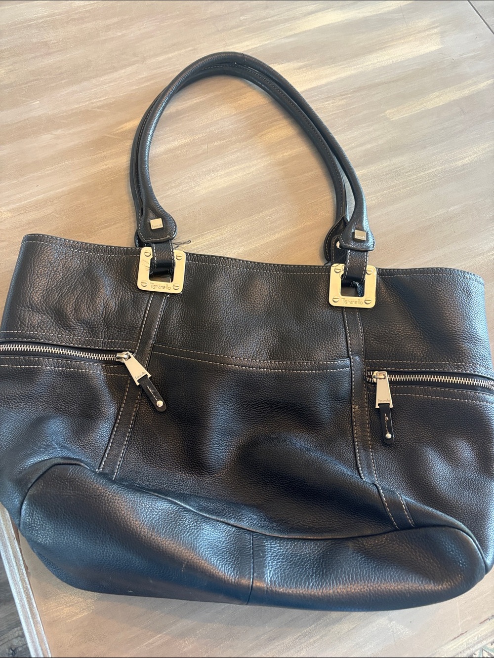 Tignanello Black Leather Tote Bag with Gold Hardware
